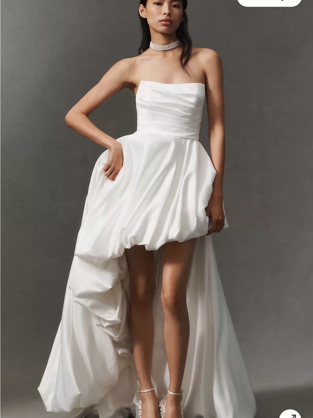 Mac Duggal White Strapless High-Low Bubble Hem Cocktail Gown